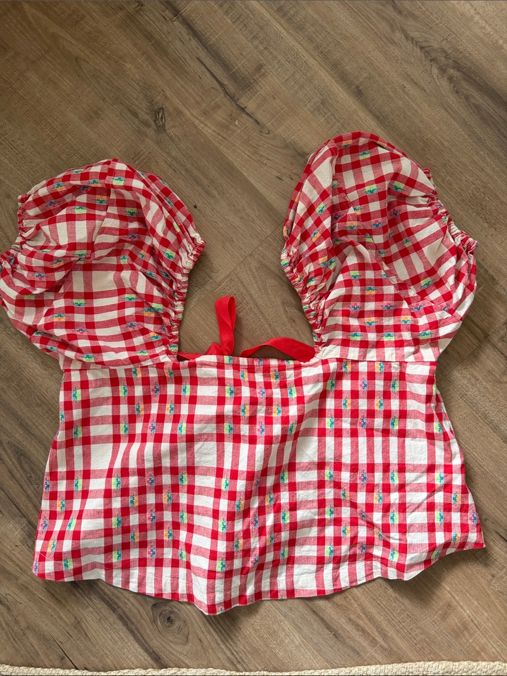 Free People Red & White Gingham Puff Sleeve Crop Top